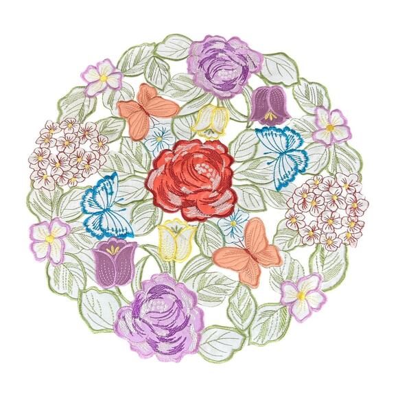 Table Covering- Round Bright Colors- 15" diameter- butterfly flowers- cottage - Picture 1 of 4